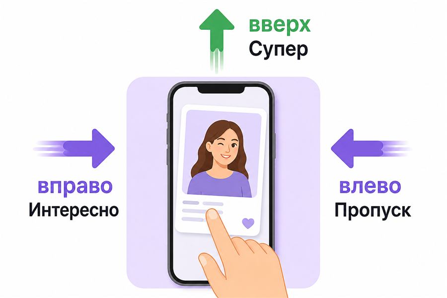 Схема свайпов: вправо интересно, влево пропуск, вверх супер